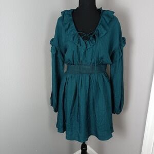 Moon River Dress Womens Large Teal Green Ruffle Long Sleeve Boho Mini Viscose